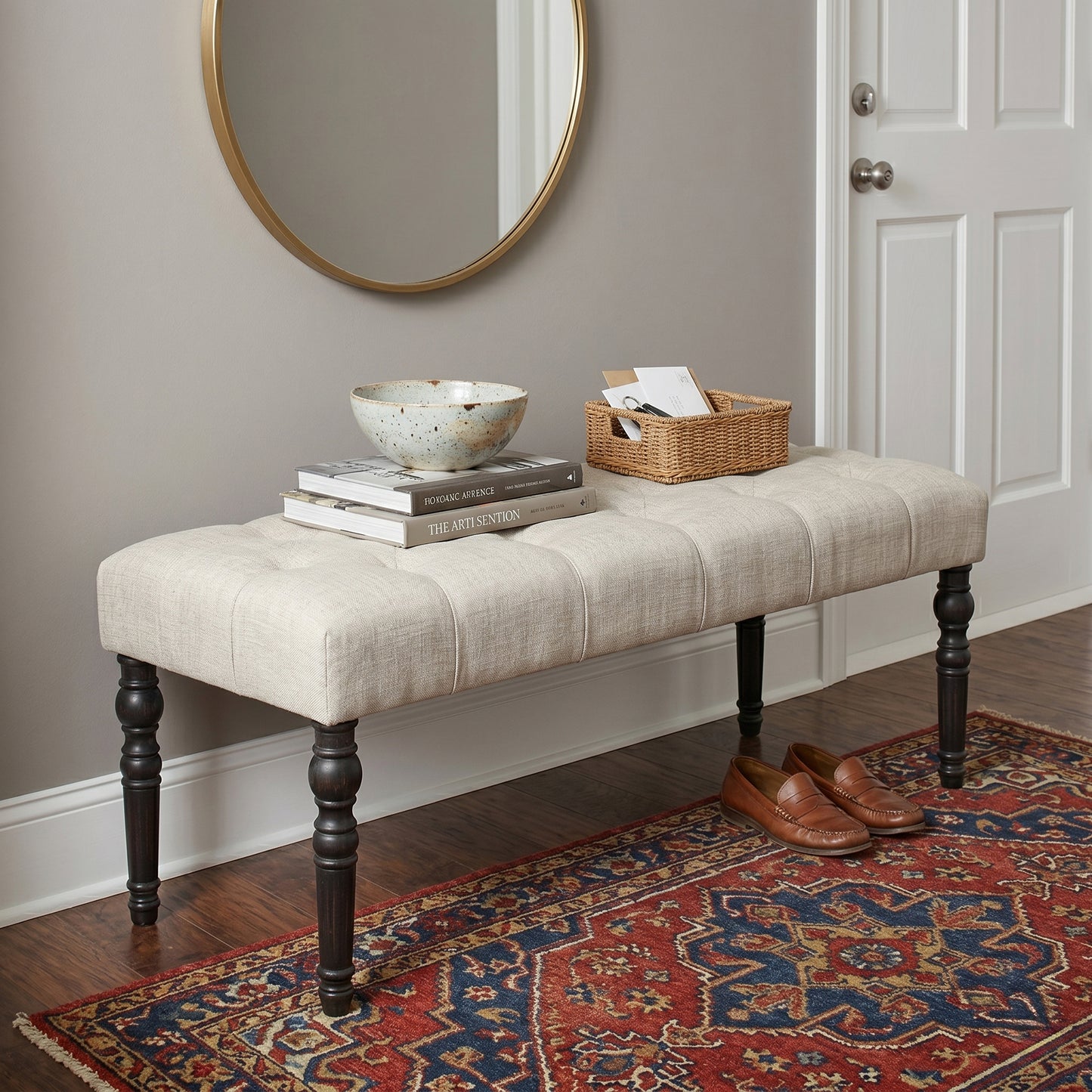 Leviton Fabric Tufted Turned Leg Dining Bench, Tan