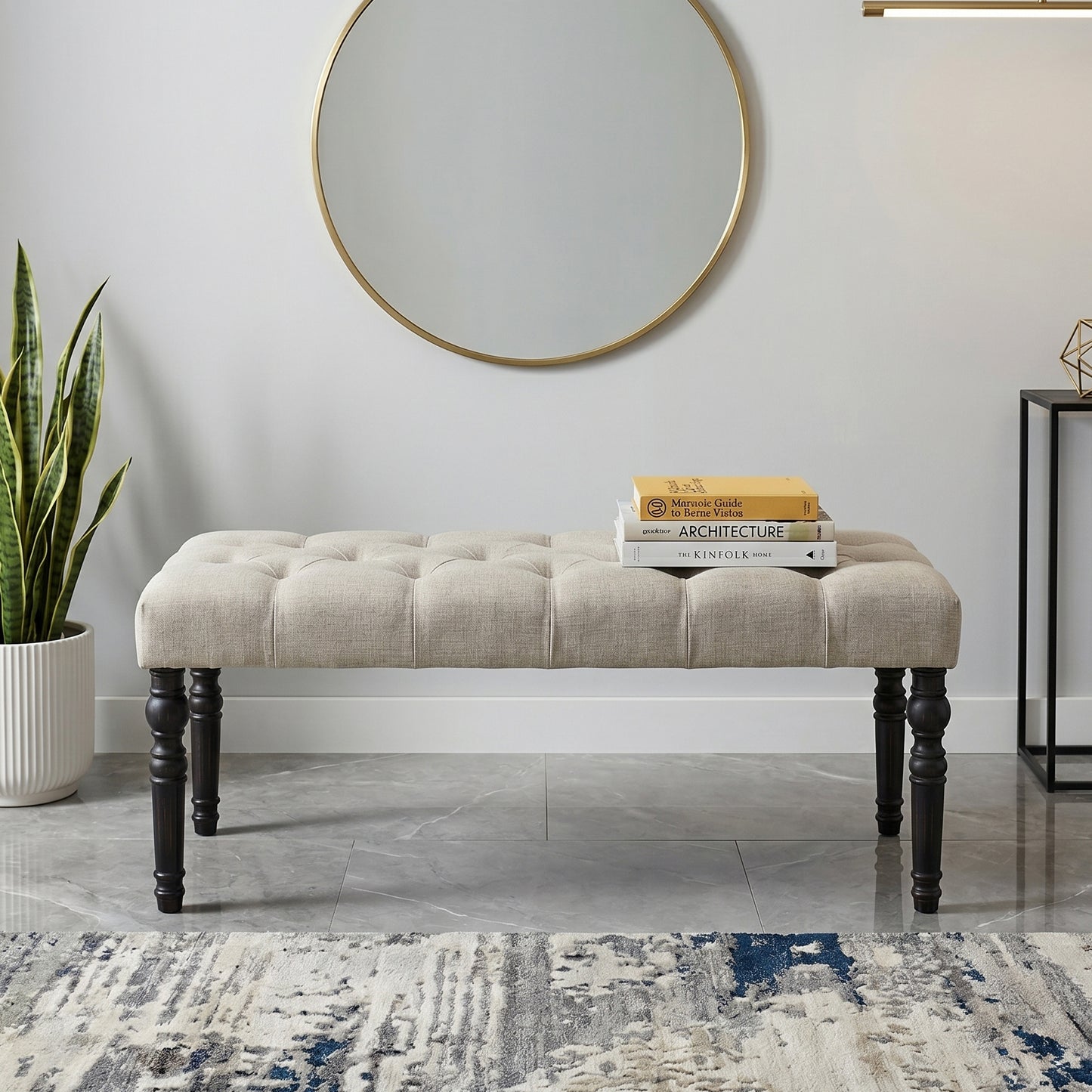 Leviton Fabric Tufted Turned Leg Dining Bench, Tan
