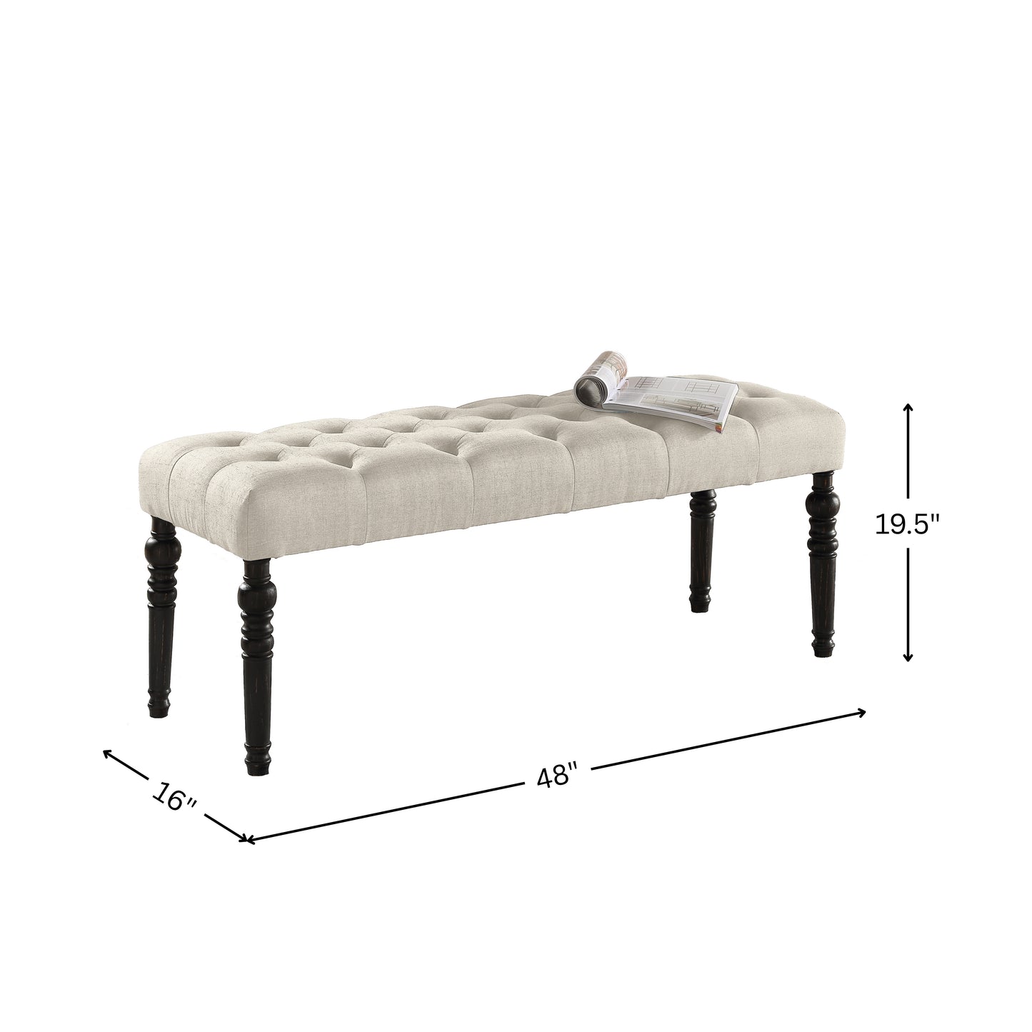 Leviton Fabric Tufted Turned Leg Dining Bench, Tan