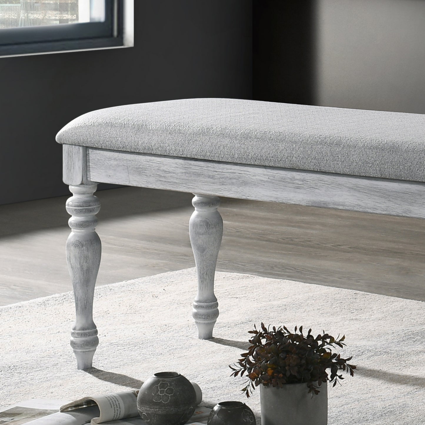 Salines Upholstered Turned Leg Dining Bench, Rustic White