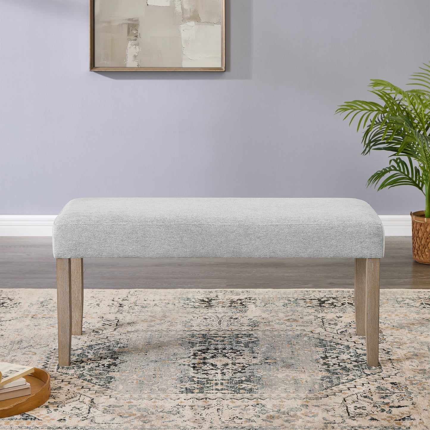 Roundhill Furniture Zelalle Upholstered Bench, Light Gray Fabric with Rubberwood Legs