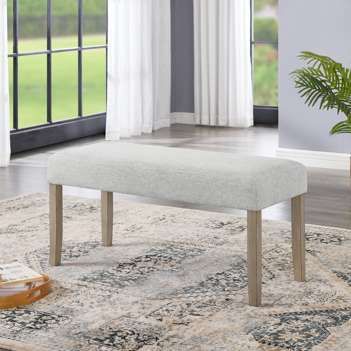 Roundhill Furniture Zelalle Upholstered Bench, Light Gray Fabric with Rubberwood Legs