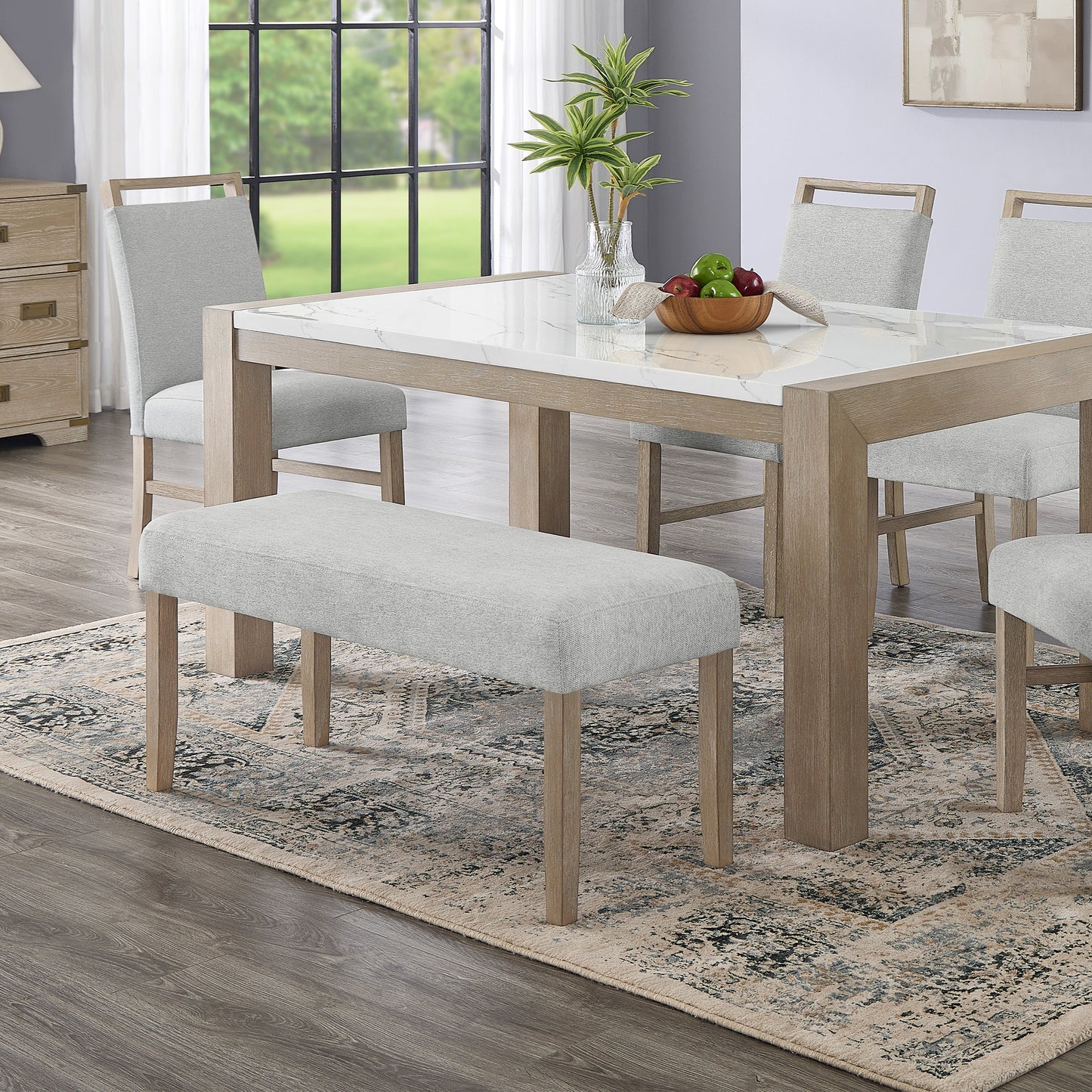 Roundhill Furniture Zelalle Upholstered Bench, Light Gray Fabric with Rubberwood Legs