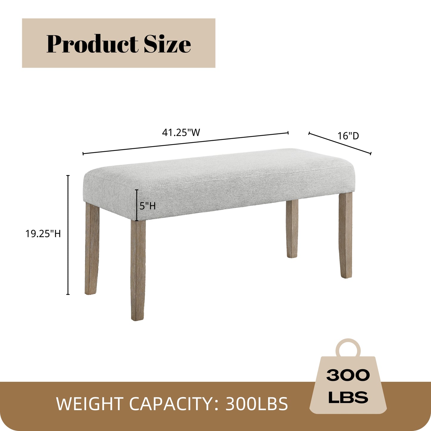 Roundhill Furniture Zelalle Upholstered Bench, Light Gray Fabric with Rubberwood Legs