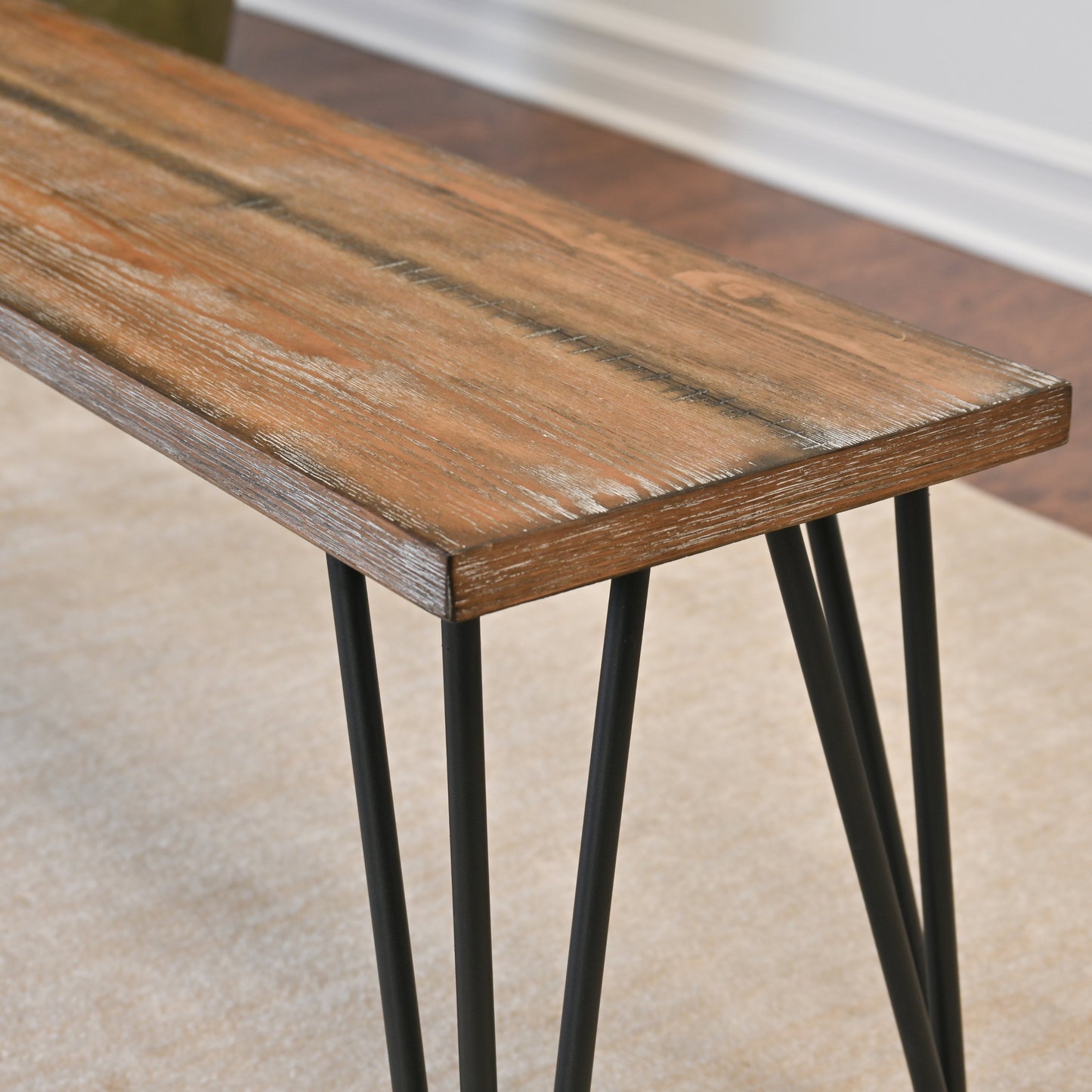 Aryven Industrial Wood Dining Bench, Rustic Dark Pine Finish