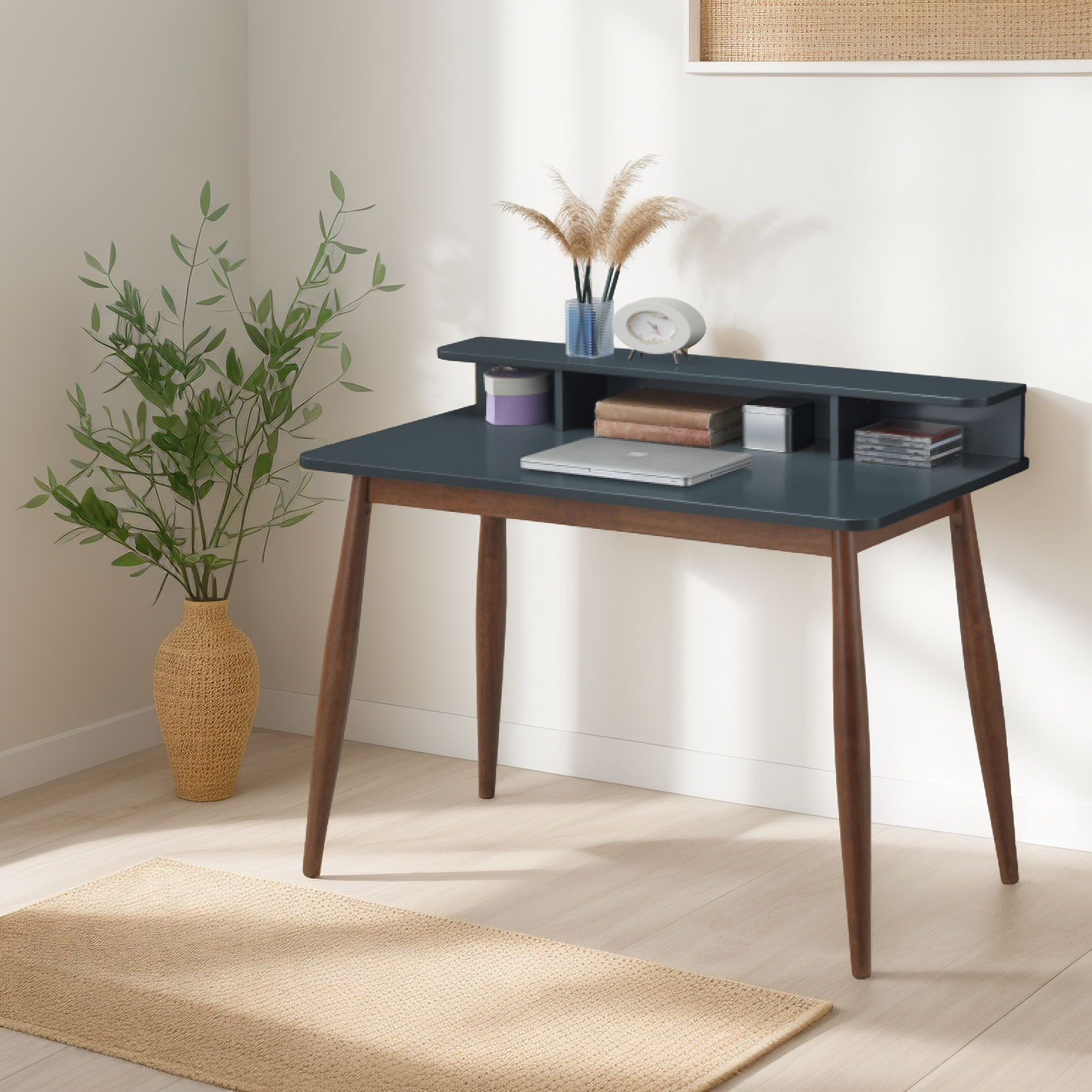 Roskilde Gray Blue Storage Wood Office Desk – Roundhill Furniture