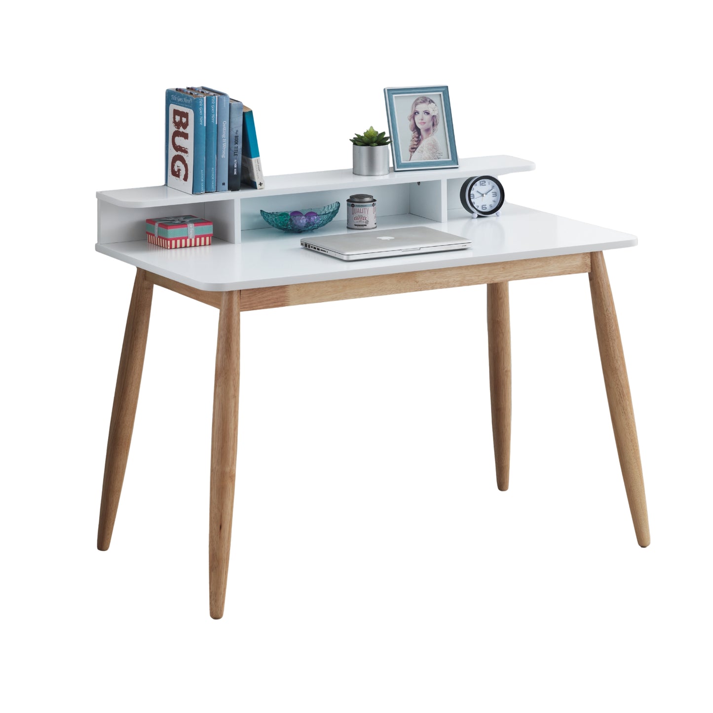 Roskilde Mid-Century Modern Wood Writing Desk with Hutch, White
