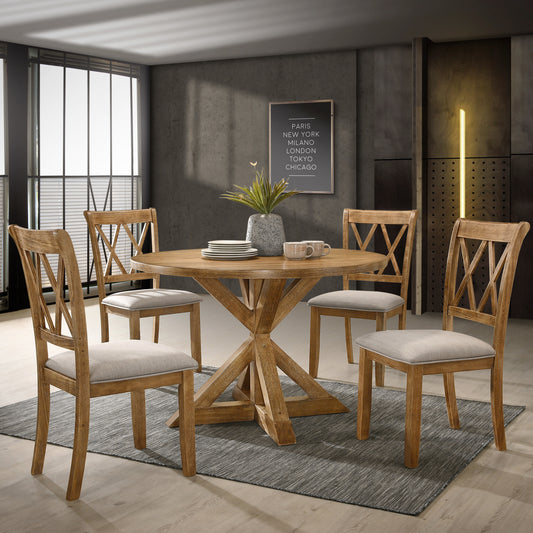 Windvale 5-Piece Dining Set, Cross-Buck Round Table with 4 Stylish Chairs
