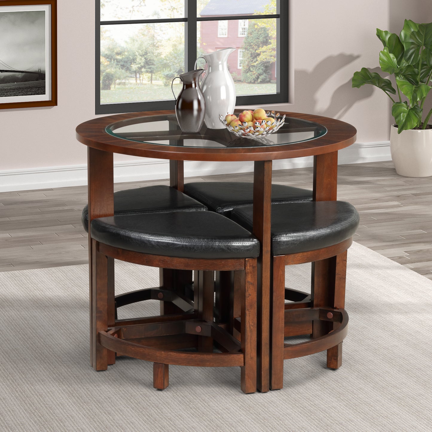 Solid Wood Glass Top Dining Table w/ 4 Chairs