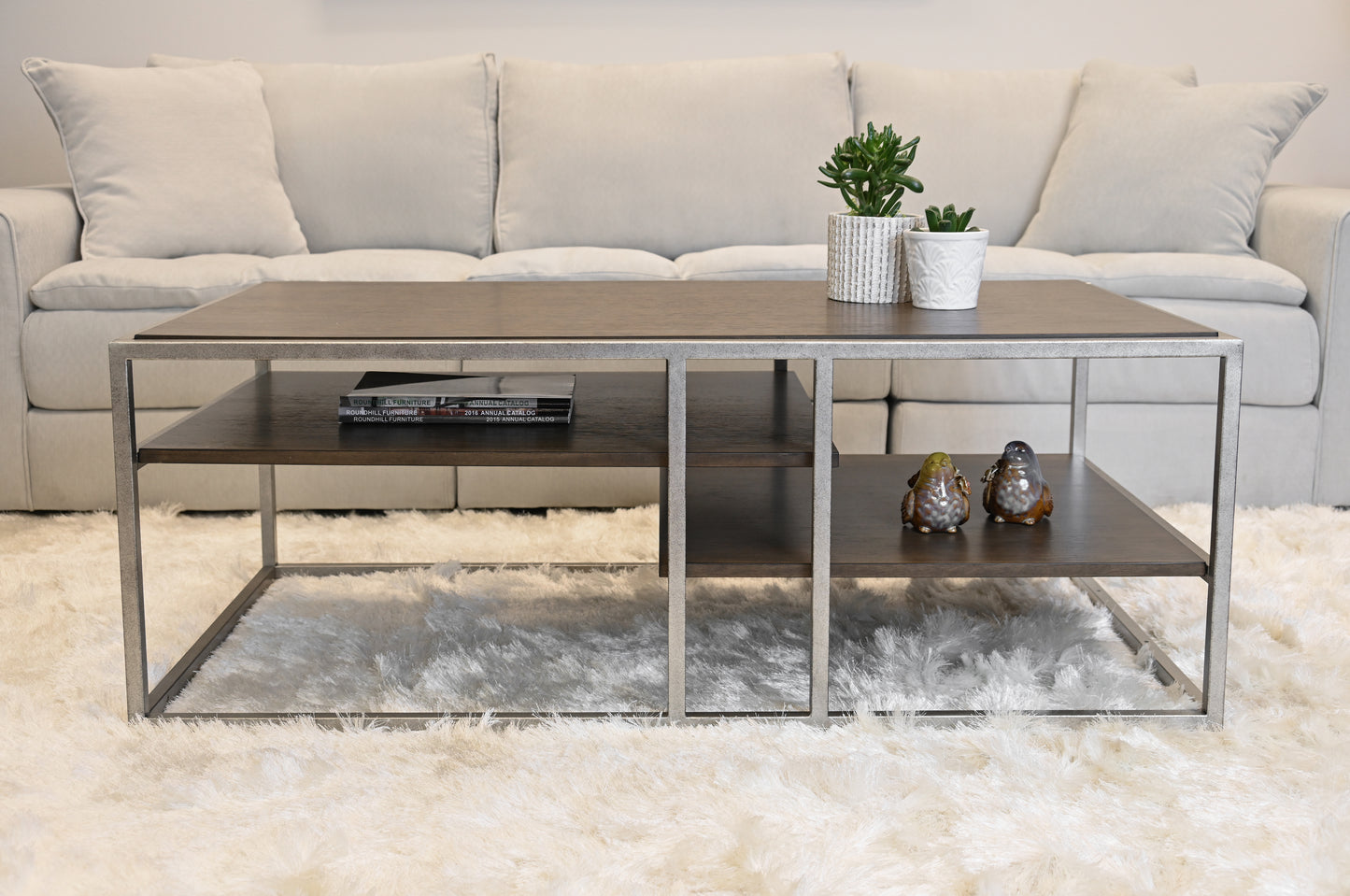 Roundhill Furniture Padena Metal Frame Wood Living Room Coffee Table with Shelf