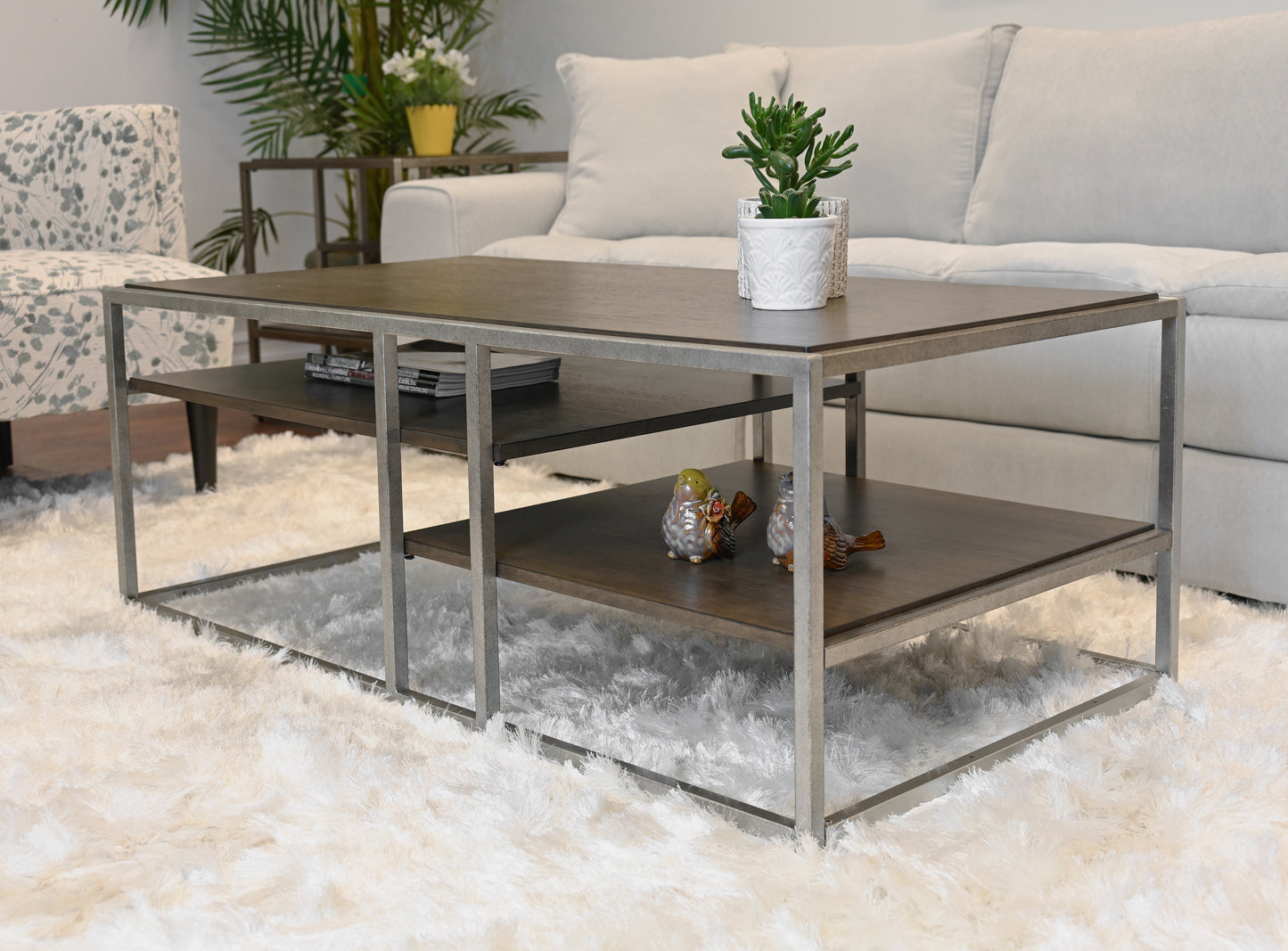 Roundhill Furniture Padena Metal Frame Wood Living Room Coffee Table with Shelf