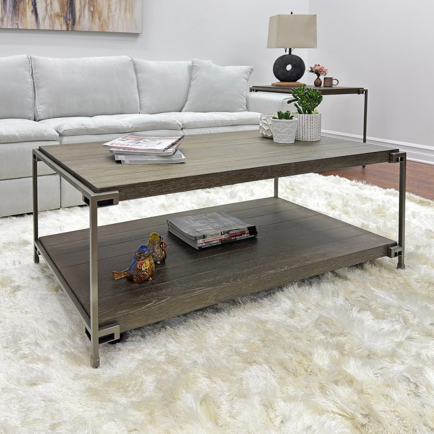 Roundhill Furniture Corbeta Metal Frame Wood Living Room Coffee Table with Casters