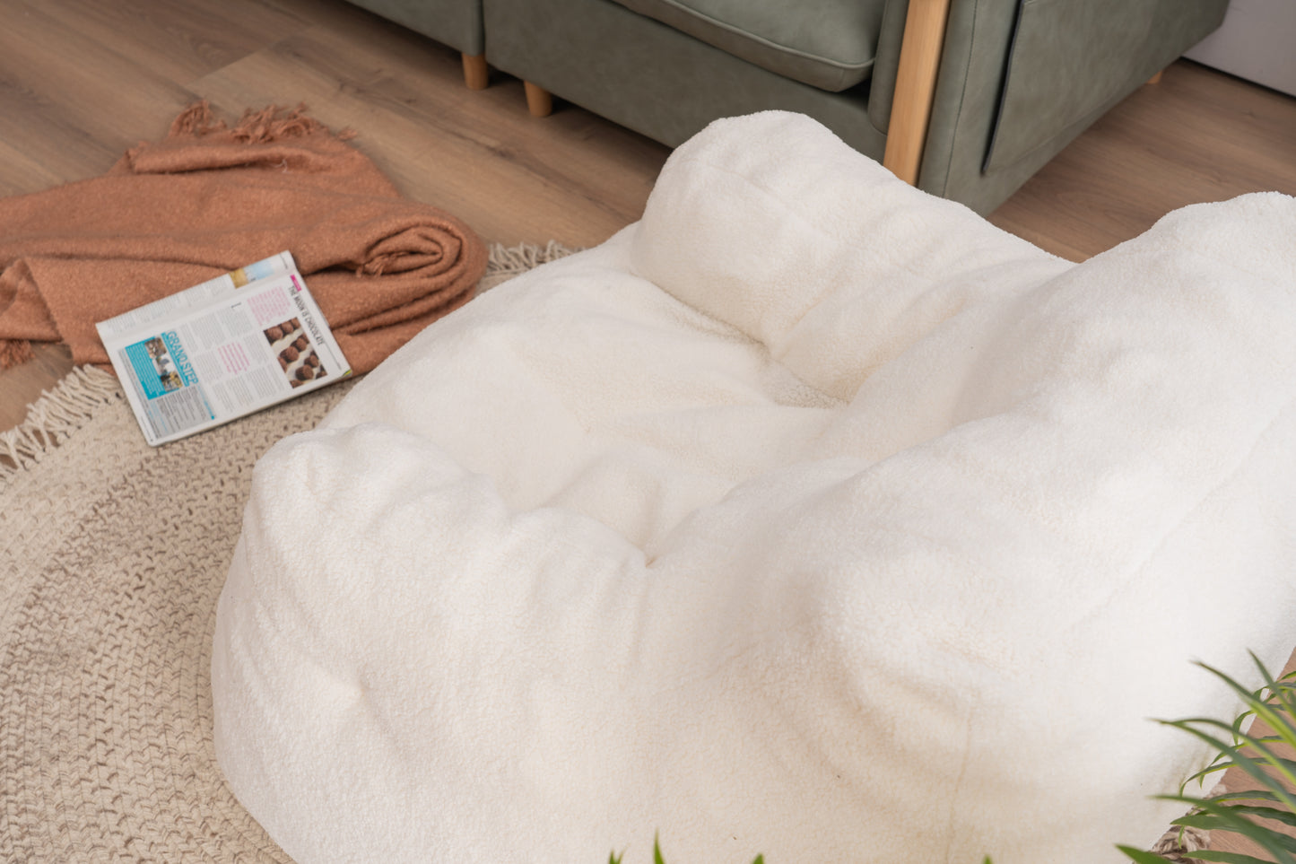 Soft Tufted Foam Bean Bag Chair With Teddy Fabric Ivory White