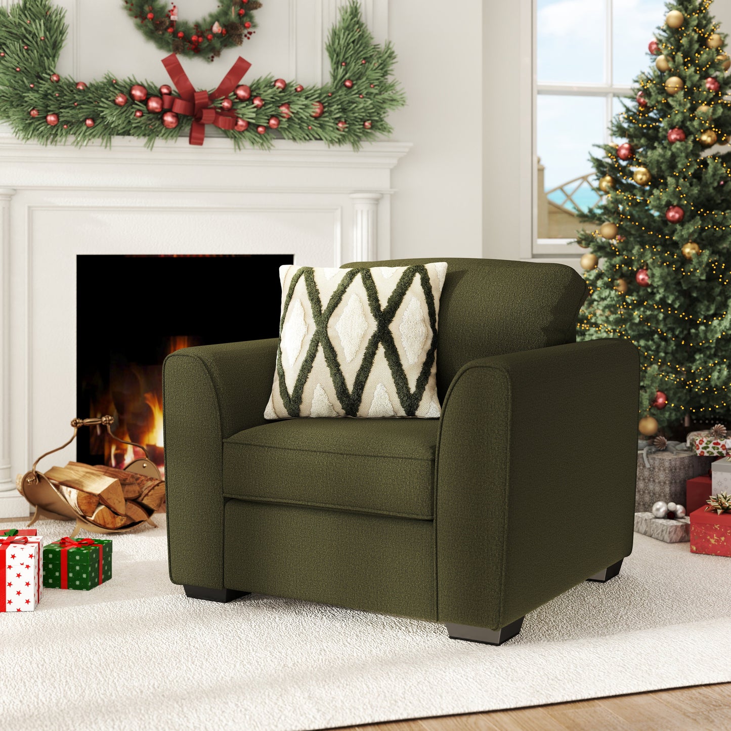 Roundhill Furniture Marvella Living Room Armchair with Mosswood Chenille Upholstery and Textured Accent Pillow