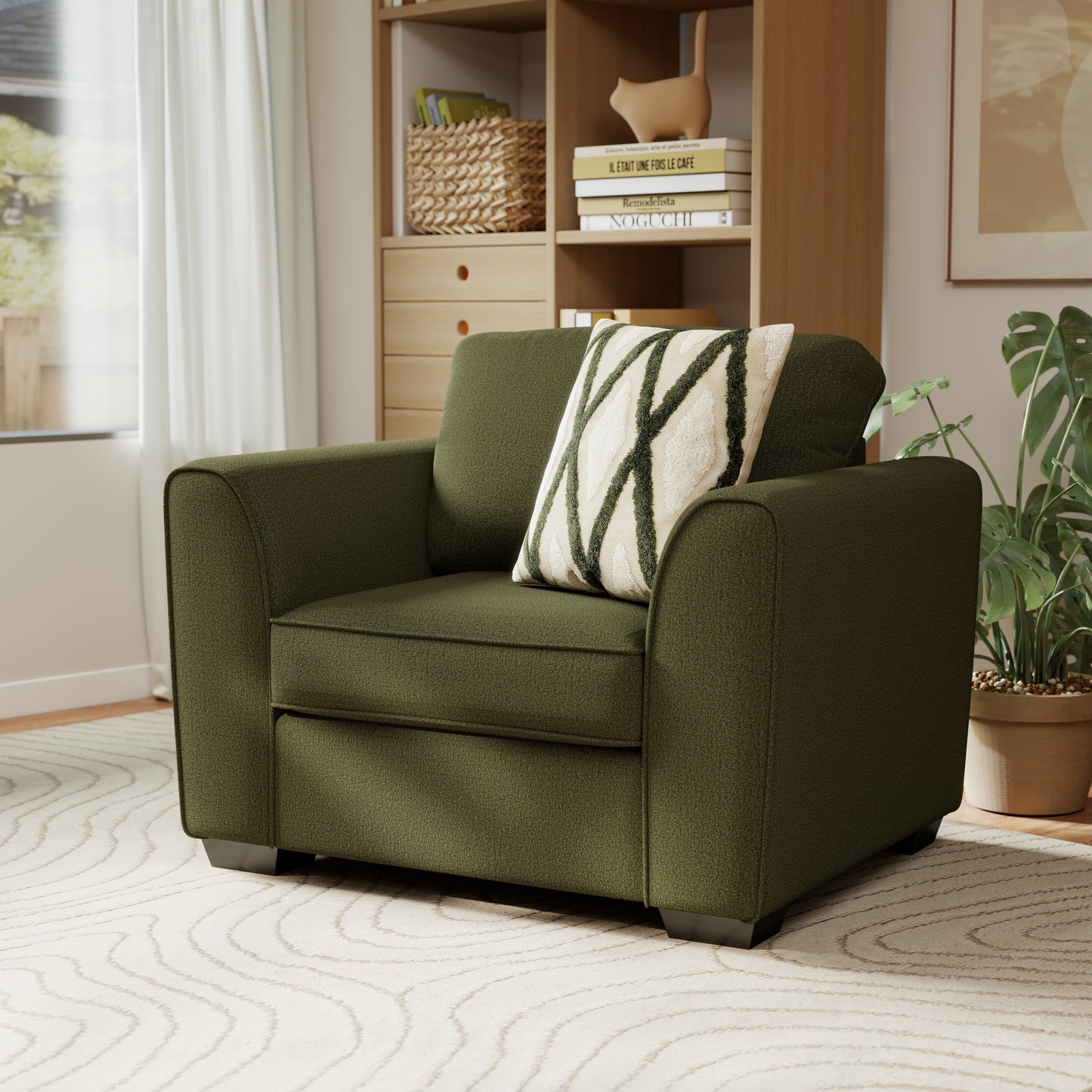 Roundhill Furniture Marvella Living Room Armchair with Mosswood Chenille Upholstery and Textured Accent Pillow