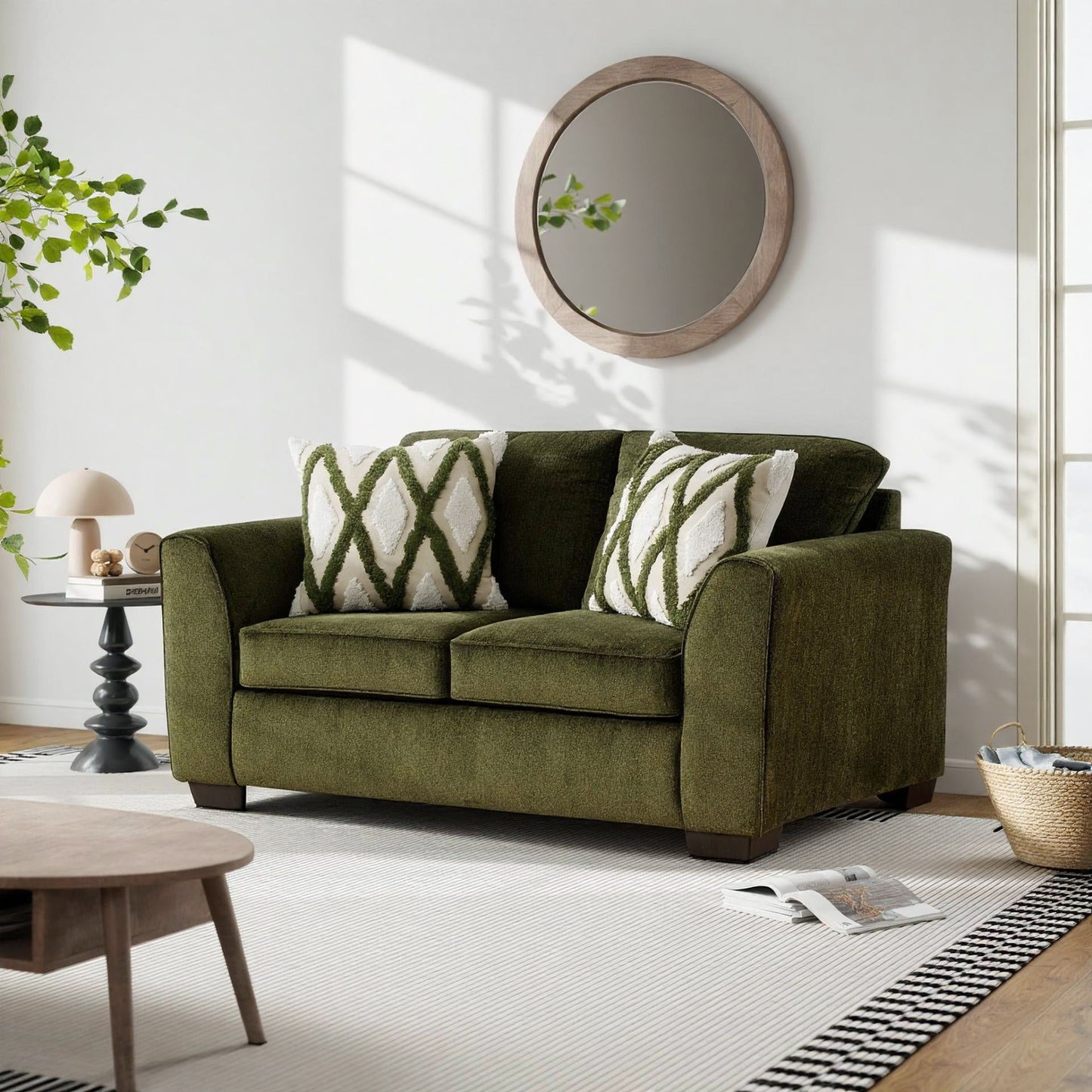Roundhill Furniture Marvella Living Room Loveseat with Mosswood Chenille Upholstery and Textured Accent Pillows