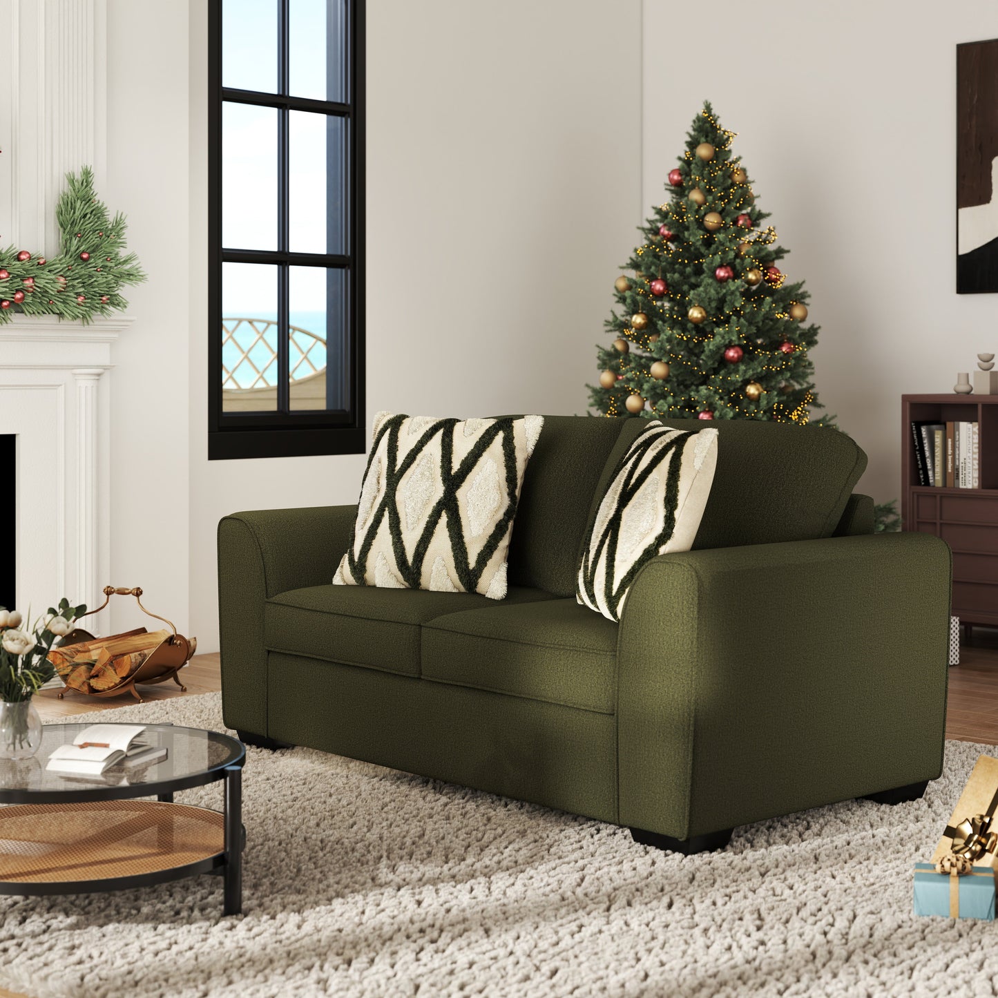 Roundhill Furniture Marvella Living Room Loveseat with Mosswood Chenille Upholstery and Textured Accent Pillows