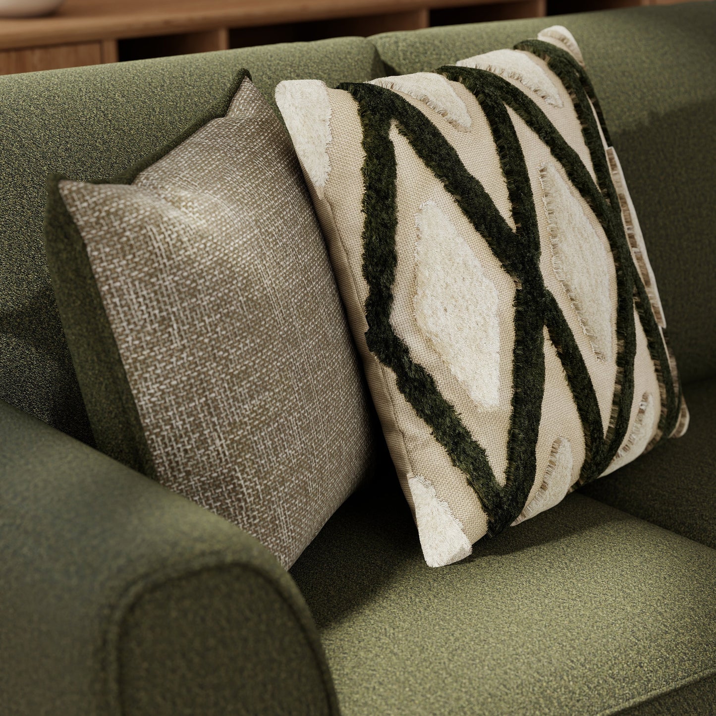 Roundhill Furniture Marvella Living Room Loveseat with Mosswood Chenille Upholstery and Textured Accent Pillows