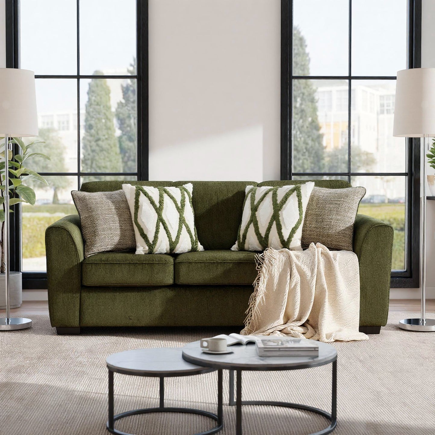 Roundhill Furniture Marvella Living Room Sofa with Mosswood Chenille Upholstery and Textured Accent Pillows