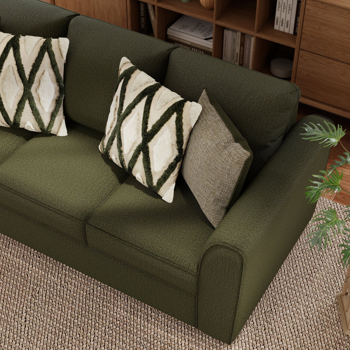 Roundhill Furniture Marvella Living Room Sofa with Mosswood Chenille Upholstery and Textured Accent Pillows