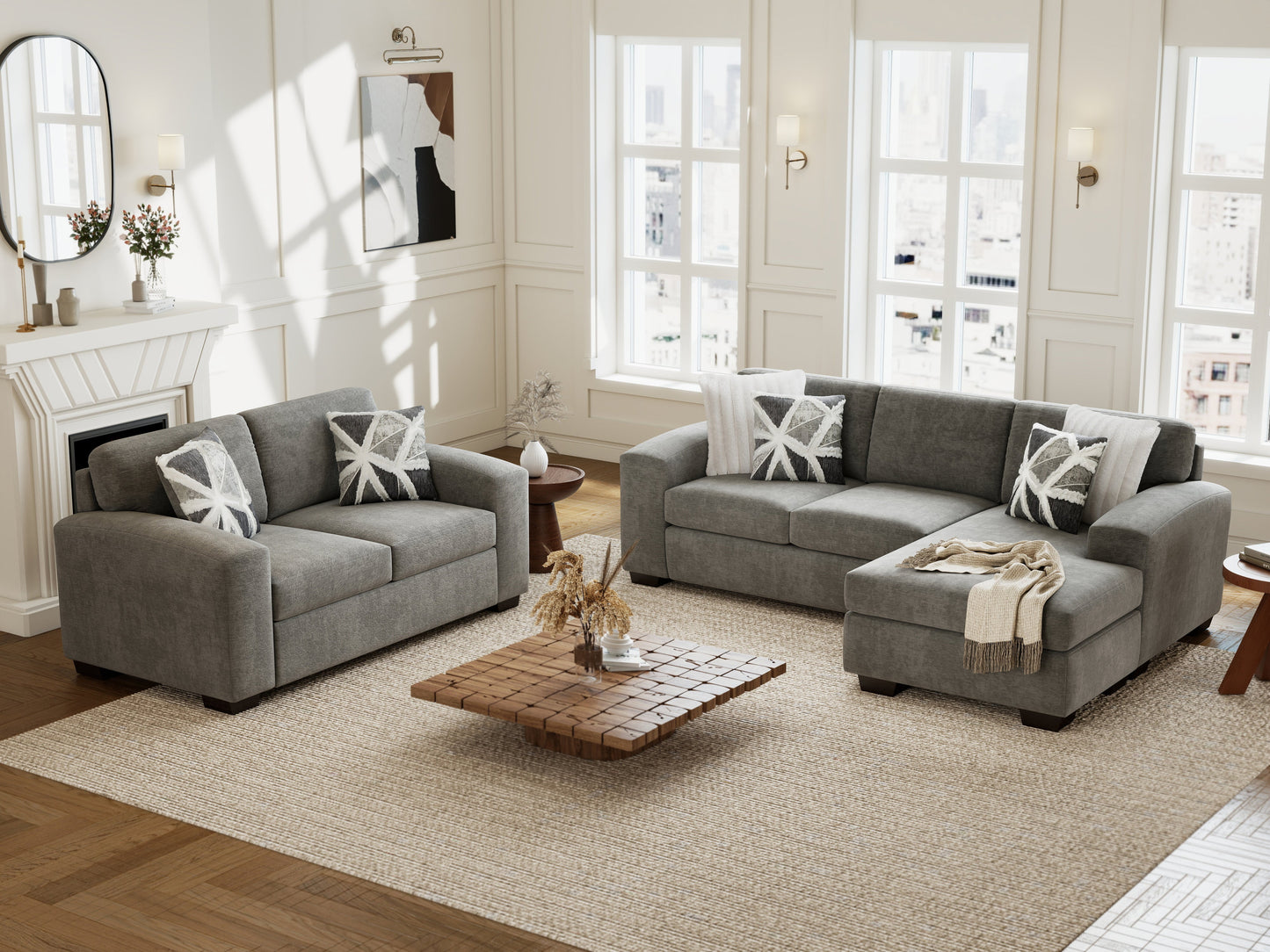 Roundhill Furniture Arden Living Room Collection with Convertible Sofa Chaise and Loveseat, Posh Gray