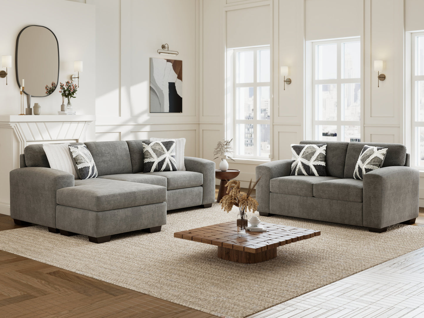 Roundhill Furniture Arden Living Room Collection with Convertible Sofa Chaise and Loveseat, Posh Gray