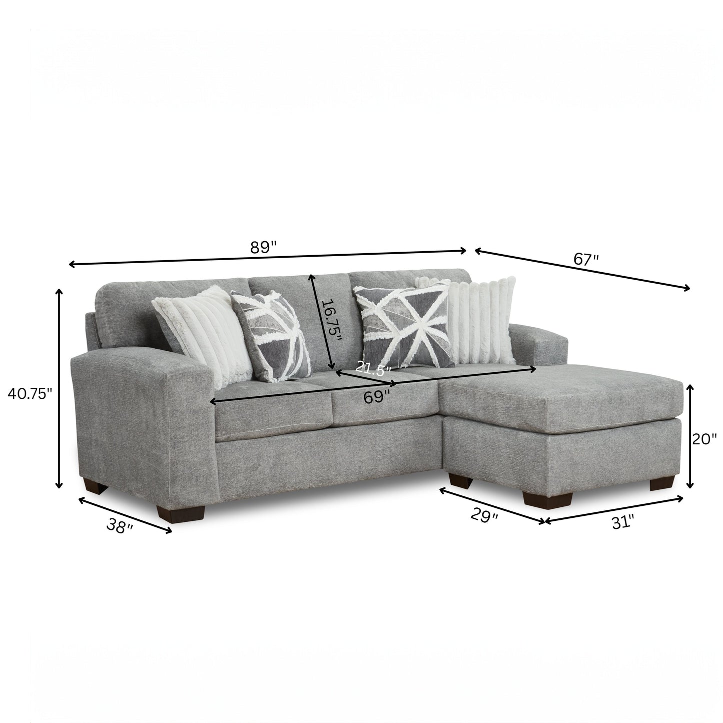 Roundhill Furniture Arden Living Room L-Shaped Convertible Sofa Chaise, Posh Gray