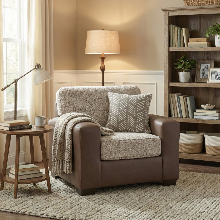 Roundhill Furniture Marvella Living Room Chair with Chocolate Faux Leather Upholstery and Curly Shearling Cushions