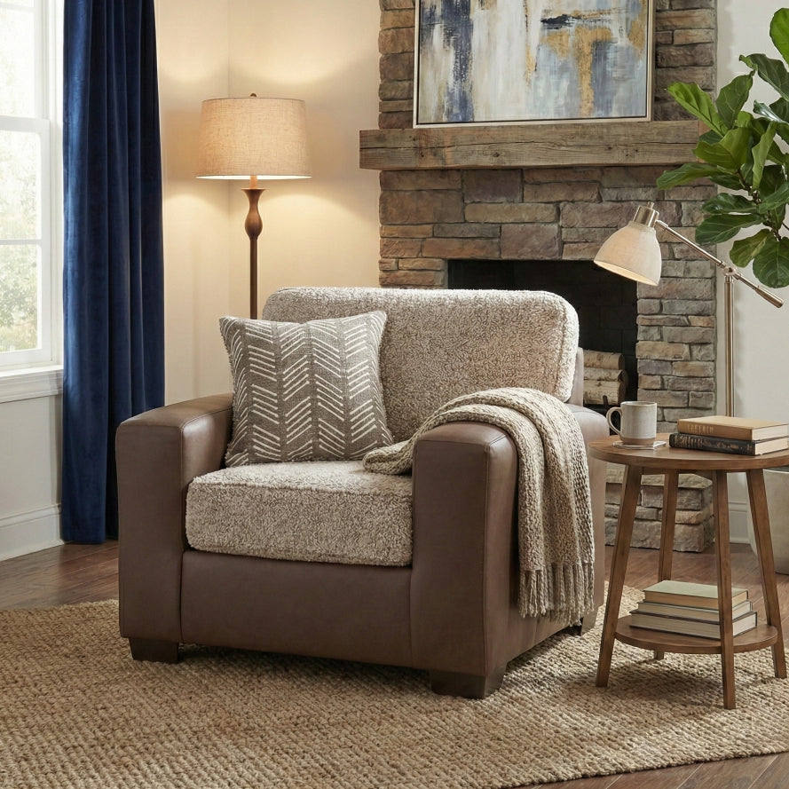 Roundhill Furniture Marvella Living Room Collection, Chocolate Faux Leather Upholstery and Curly Shearling Cushions