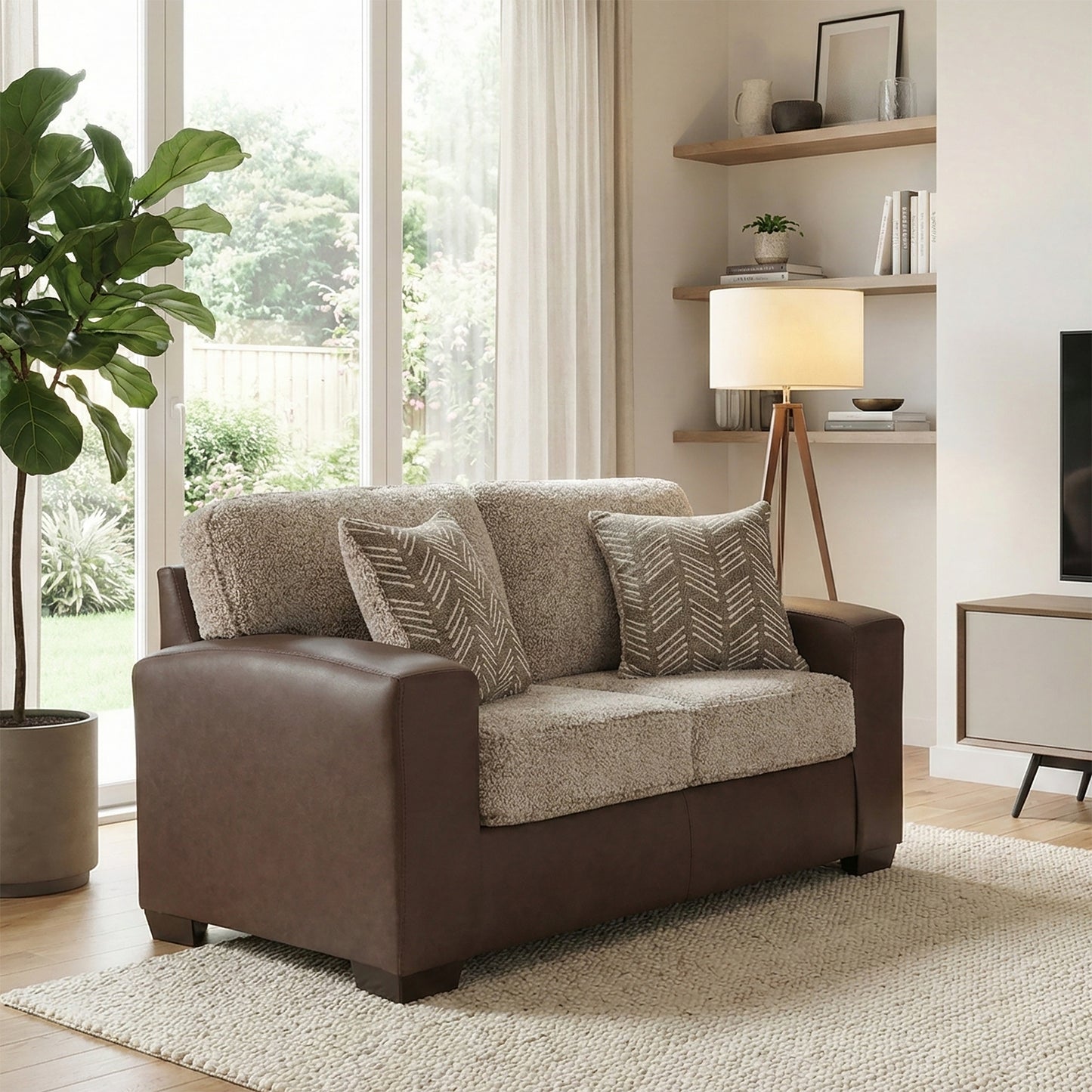 Roundhill Furniture Marvella Living Room Loveseat with Chocolate Faux Leather Upholstery and Curly Shearling Cushions