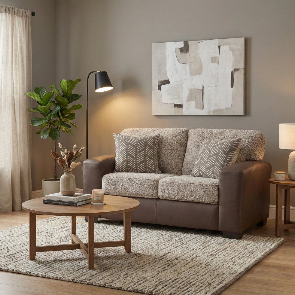 Roundhill Furniture Marvella Living Room Loveseat with Chocolate Faux Leather Upholstery and Curly Shearling Cushions