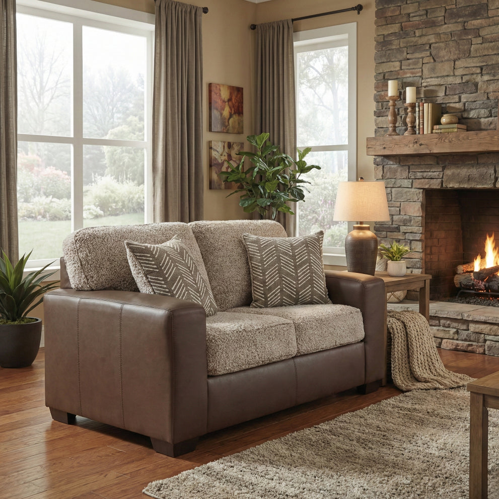 Roundhill Furniture Marvella Living Room Loveseat with Chocolate Faux Leather Upholstery and Curly Shearling Cushions