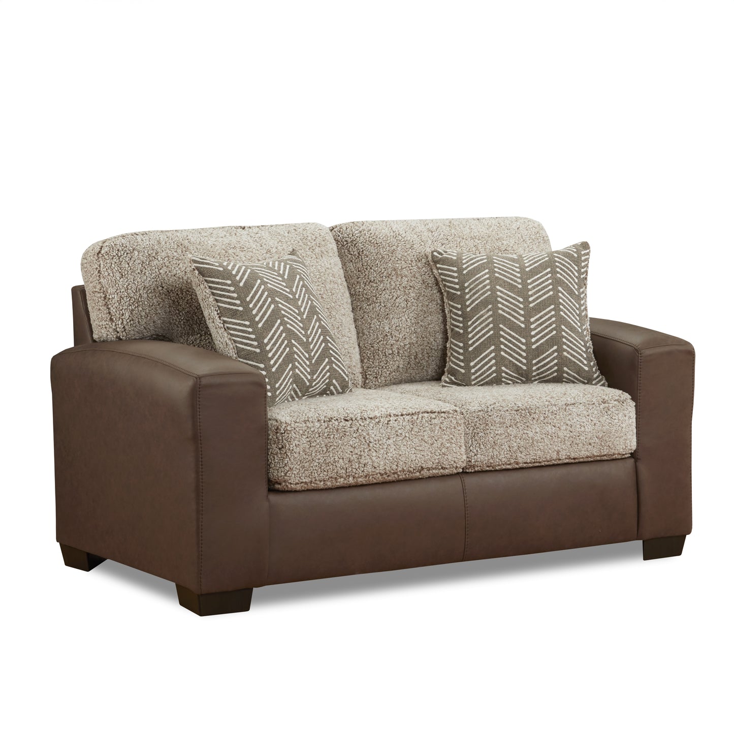 Roundhill Furniture Marvella Living Room Loveseat with Chocolate Faux Leather Upholstery and Curly Shearling Cushions