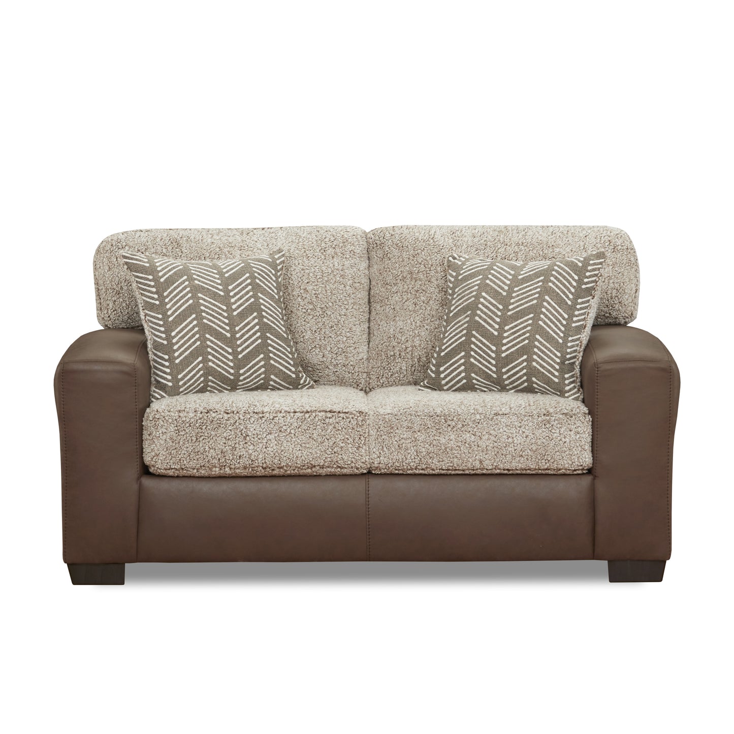 Roundhill Furniture Marvella Living Room Loveseat with Chocolate Faux Leather Upholstery and Curly Shearling Cushions