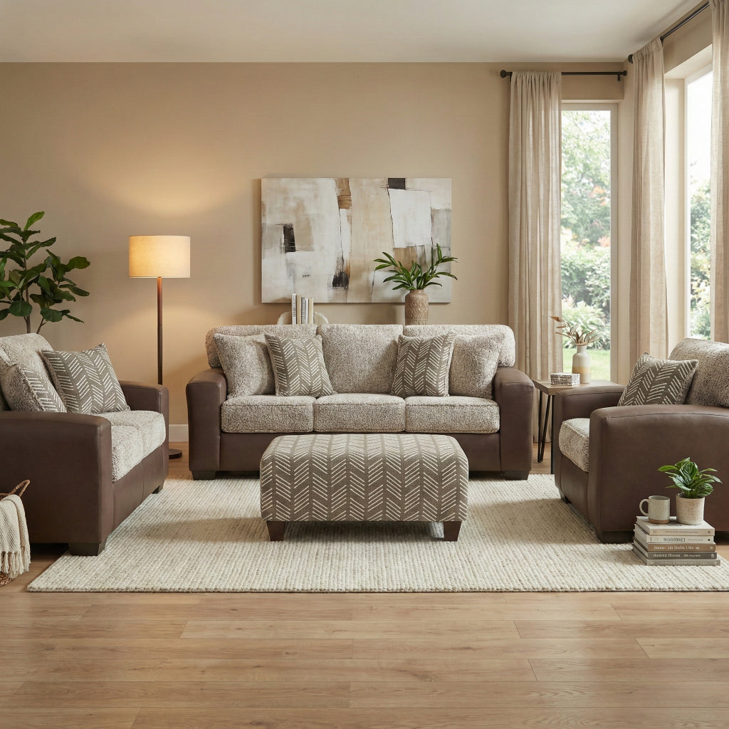 Roundhill Furniture Marvella Living Room Collection, Chocolate Faux Leather Upholstery and Curly Shearling Cushions
