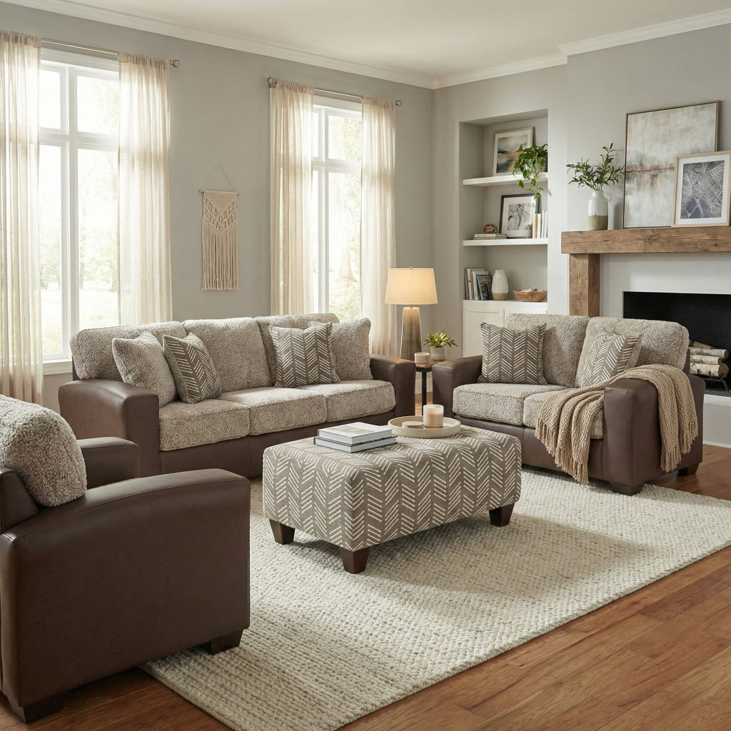 Roundhill Furniture Marvella Living Room Collection, Chocolate Faux Leather Upholstery and Curly Shearling Cushions