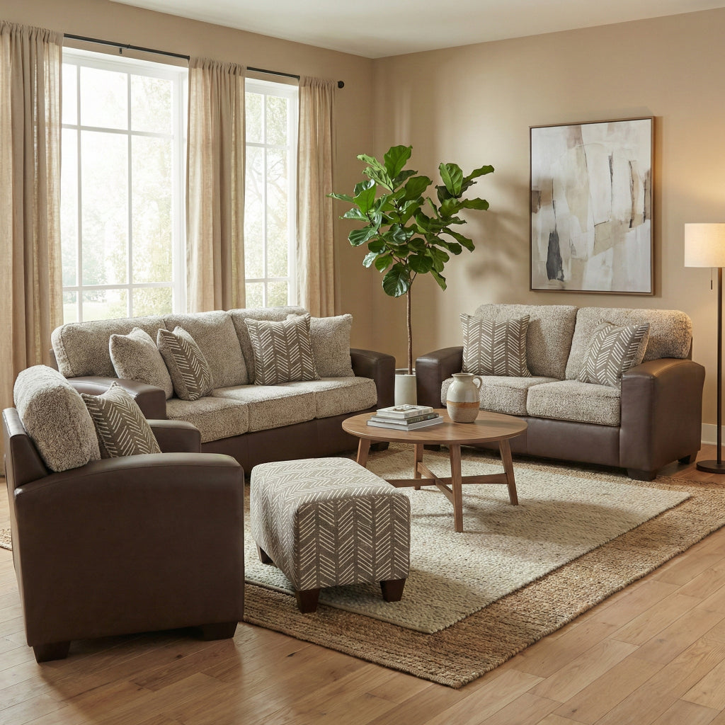 Roundhill Furniture Marvella Living Room Collection, Chocolate Faux Leather Upholstery and Curly Shearling Cushions