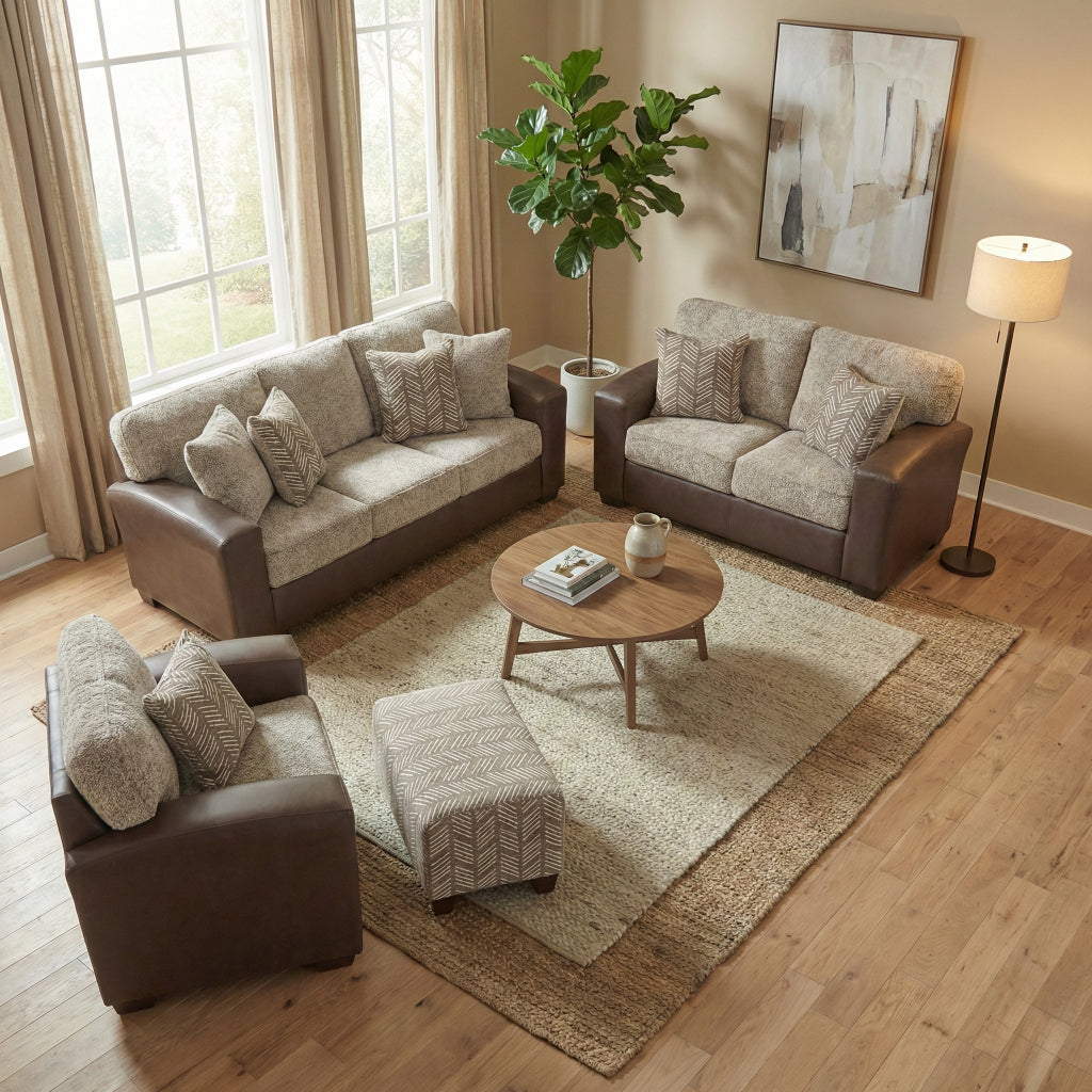 Roundhill Furniture Marvella Living Room Collection, Chocolate Faux Leather Upholstery and Curly Shearling Cushions