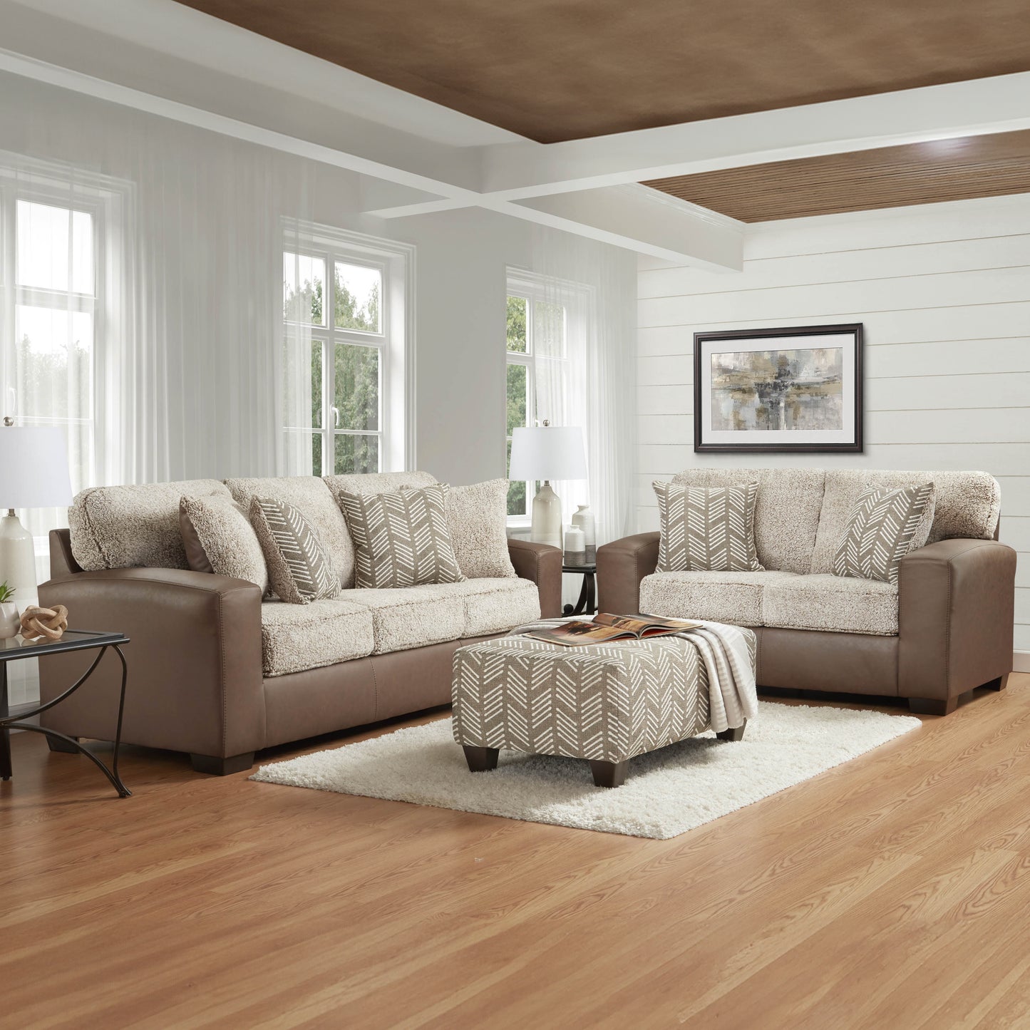 Roundhill Furniture Marvella Living Room Collection, Chocolate Faux Leather Upholstery and Curly Shearling Cushions