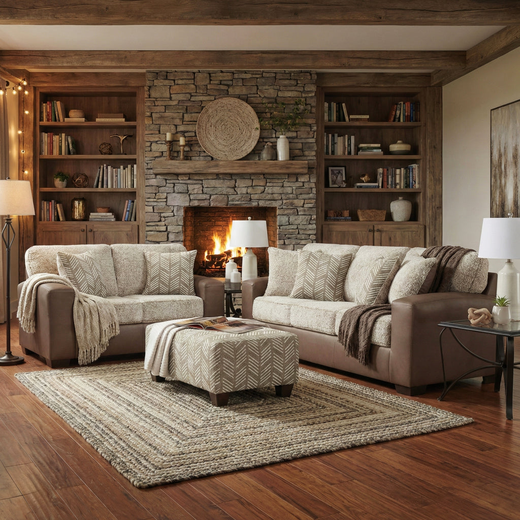 Roundhill Furniture Marvella Living Room Collection, Chocolate Faux Leather Upholstery and Curly Shearling Cushions