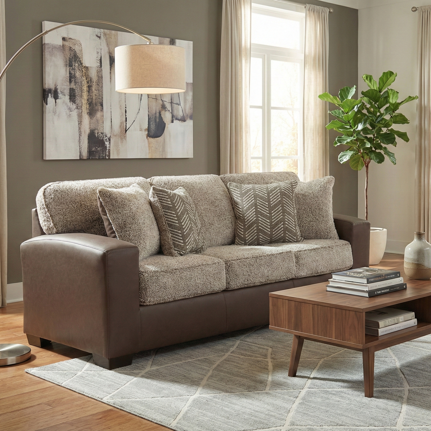 Roundhill Furniture Marvella Living Room Collection, Chocolate Faux Leather Upholstery and Curly Shearling Cushions