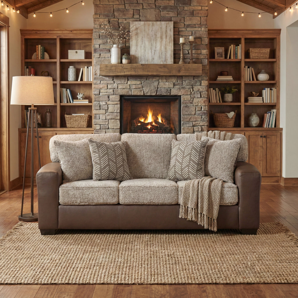 Roundhill Furniture Marvella Living Room Collection, Chocolate Faux Leather Upholstery and Curly Shearling Cushions