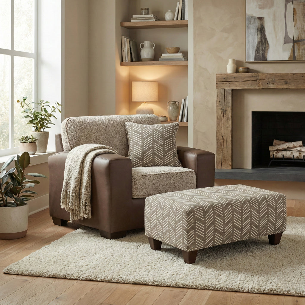 Roundhill Furniture Marvella Living Room Collection, Chocolate Faux Leather Upholstery and Curly Shearling Cushions