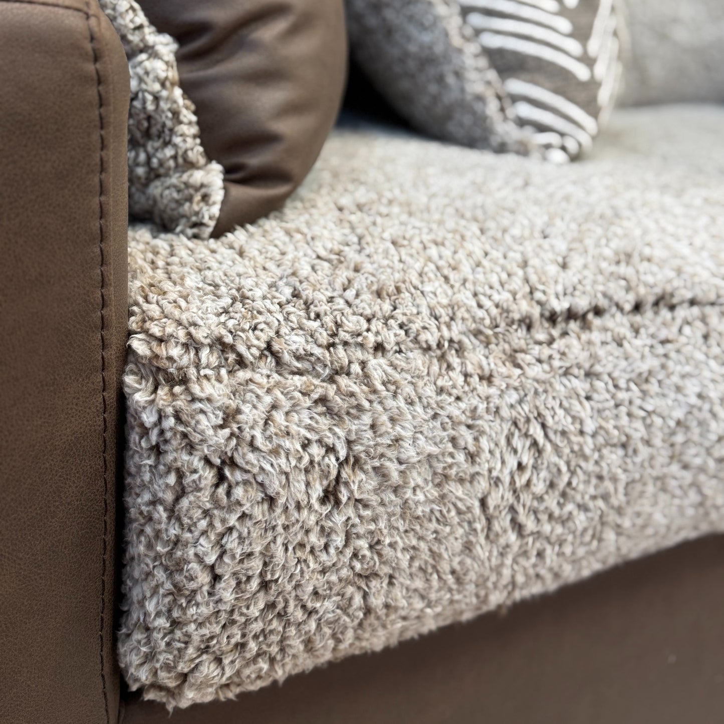 Roundhill Furniture Marvella Living Room Collection, Chocolate Faux Leather Upholstery and Curly Shearling Cushions