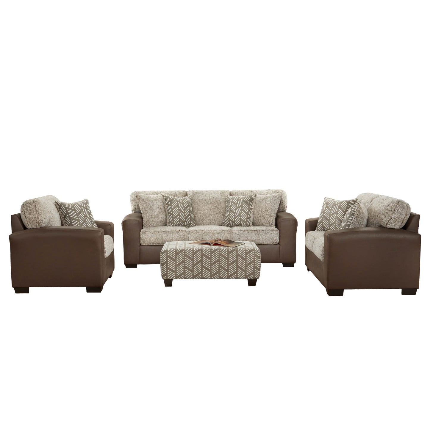 Roundhill Furniture Marvella Living Room Collection, Chocolate Faux Leather Upholstery and Curly Shearling Cushions