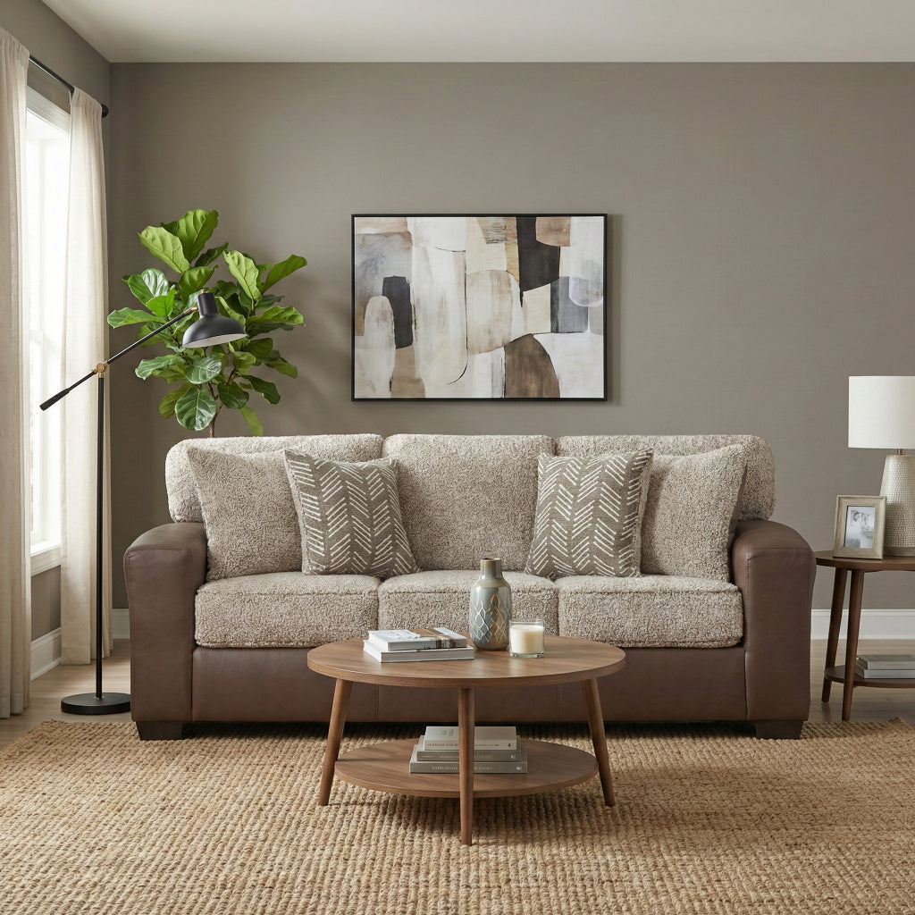 Roundhill Furniture Marvella Living Room Sofa with Chocolate Faux Leather Upholstery and Curly Shearling Cushions