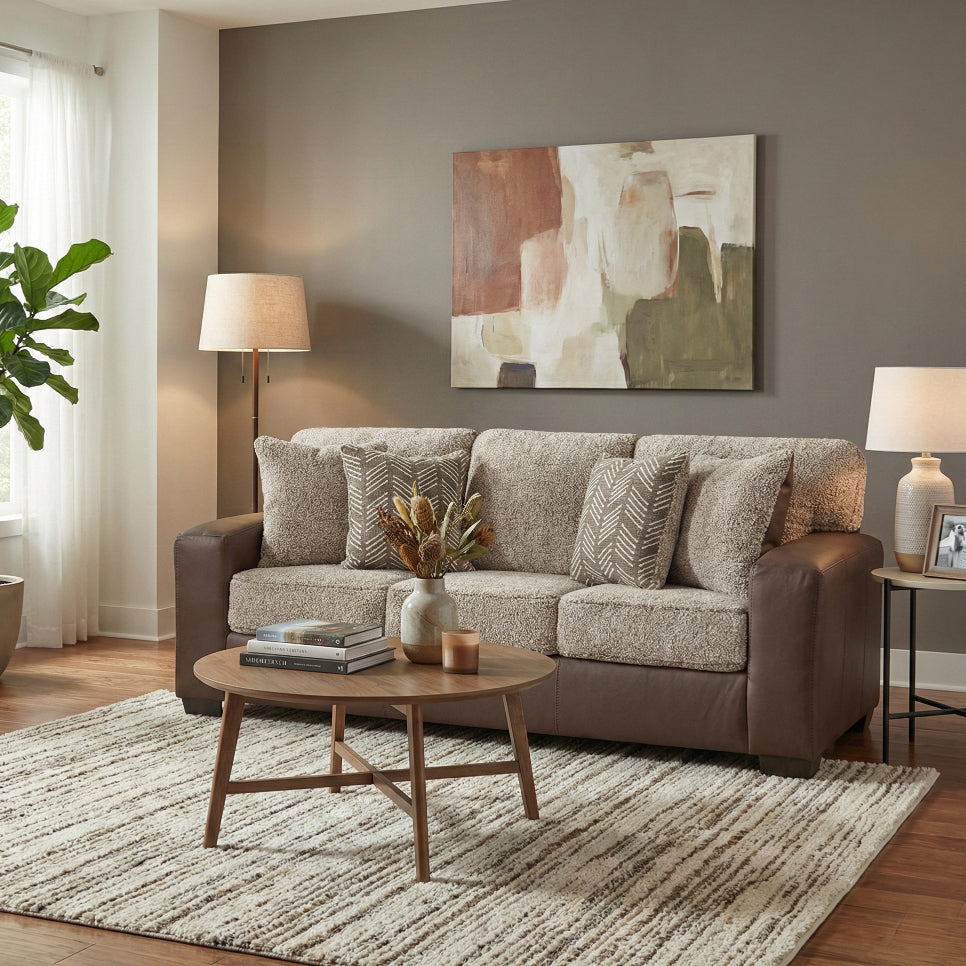 Roundhill Furniture Marvella Living Room Sofa with Chocolate Faux Leather Upholstery and Curly Shearling Cushions