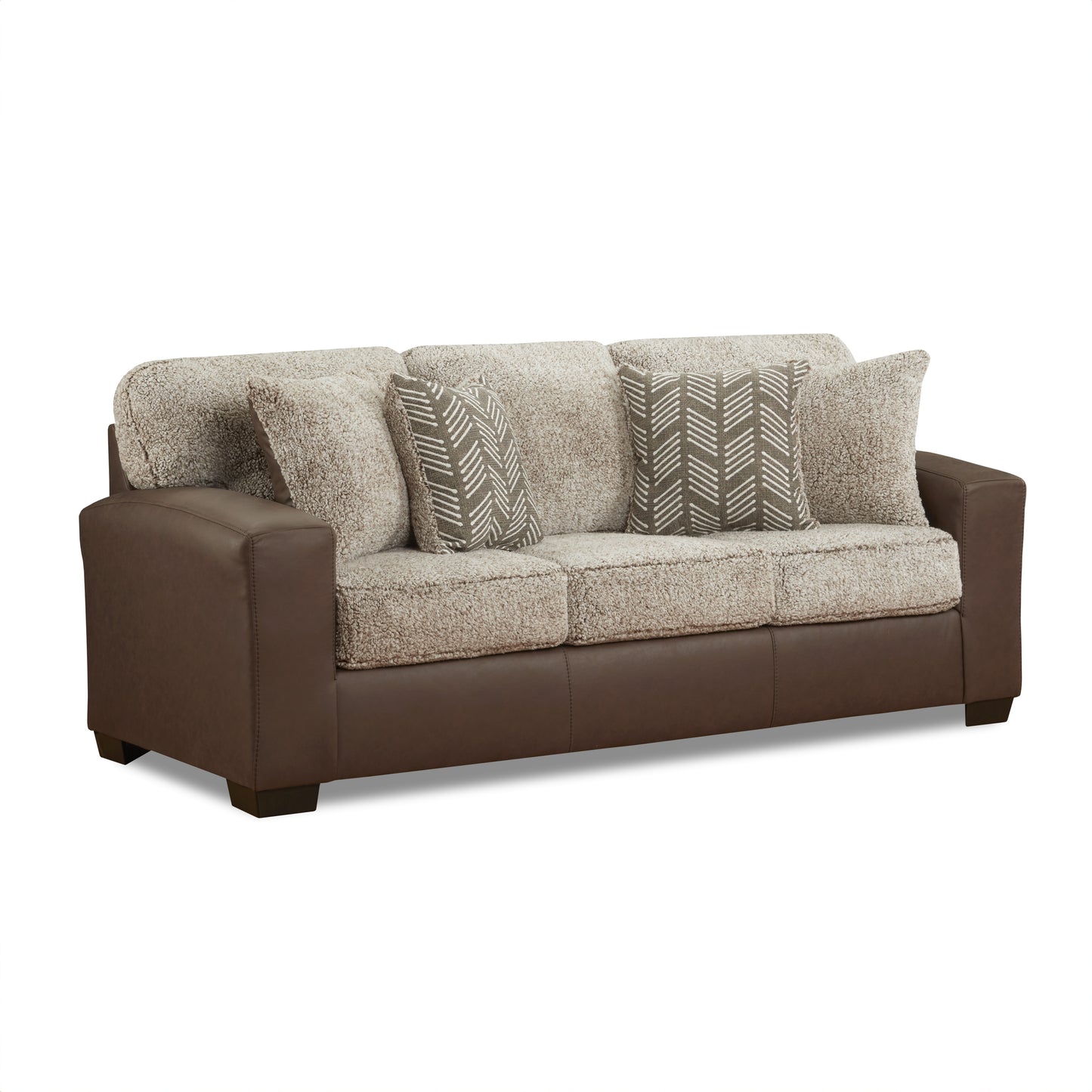 Roundhill Furniture Marvella Living Room Sofa with Chocolate Faux Leather Upholstery and Curly Shearling Cushions