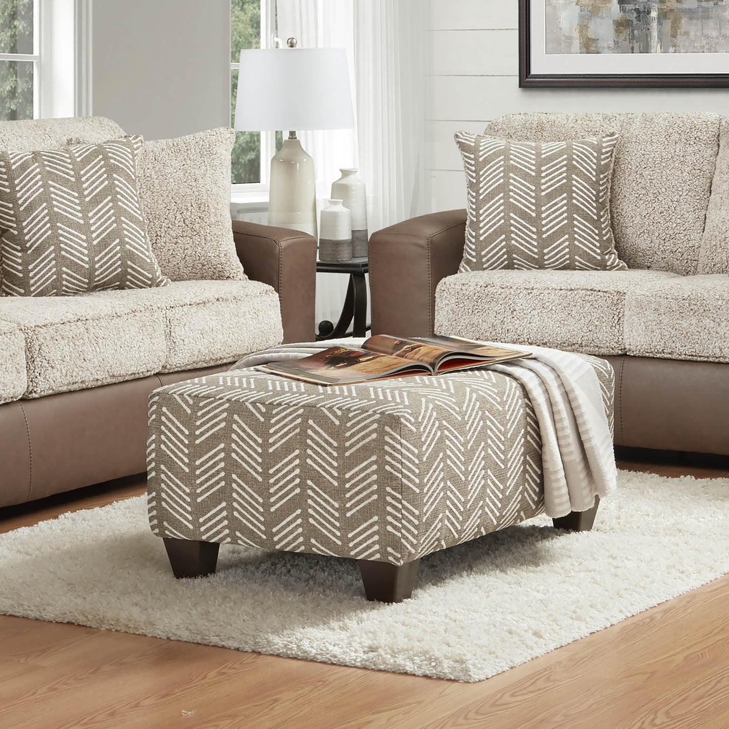 Roundhill Furniture Marvella Living Room Ottoman, Herringbone-Inspired Fabric Upholstery