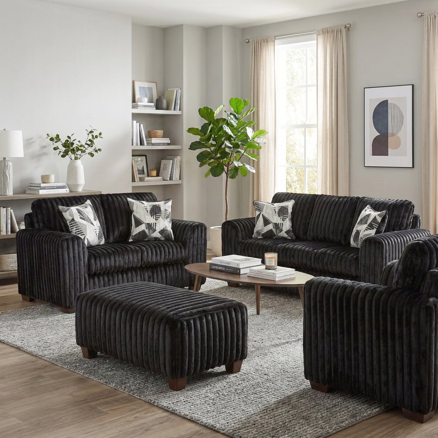 Roundhill Furniture Nolan Living Room Collection, Sofa Loveseat Chair and Ottoman, Lush Black